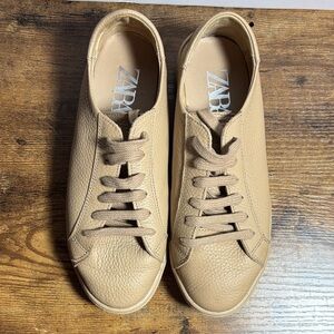 Zara Beige Leather Casual Sneakers Women Size 37/6.5